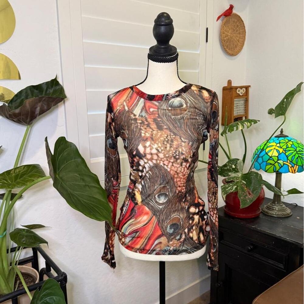 Vintage Y2K Karen Kane Peacock Print Sheer Mesh Long Sleeve Top S